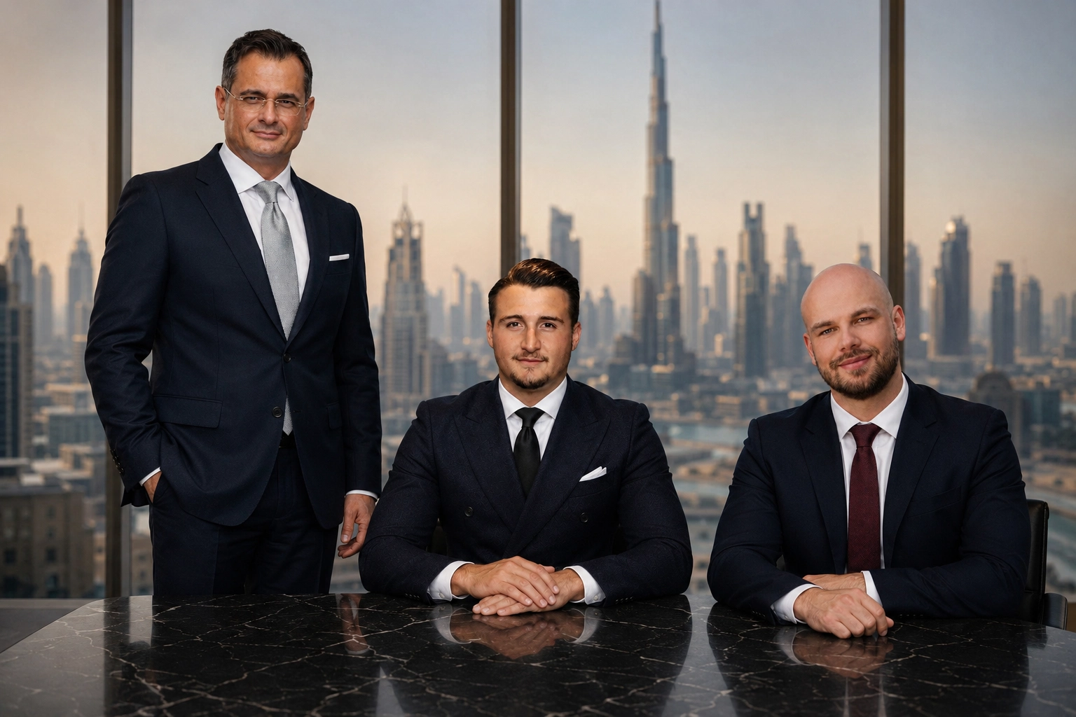 Thorsten Waldbröl, Maximillian Ziebarth und Henrik Streblow, Management der InterAlpen Holding GmbH, vor der Skyline eines Finanzdistrikts